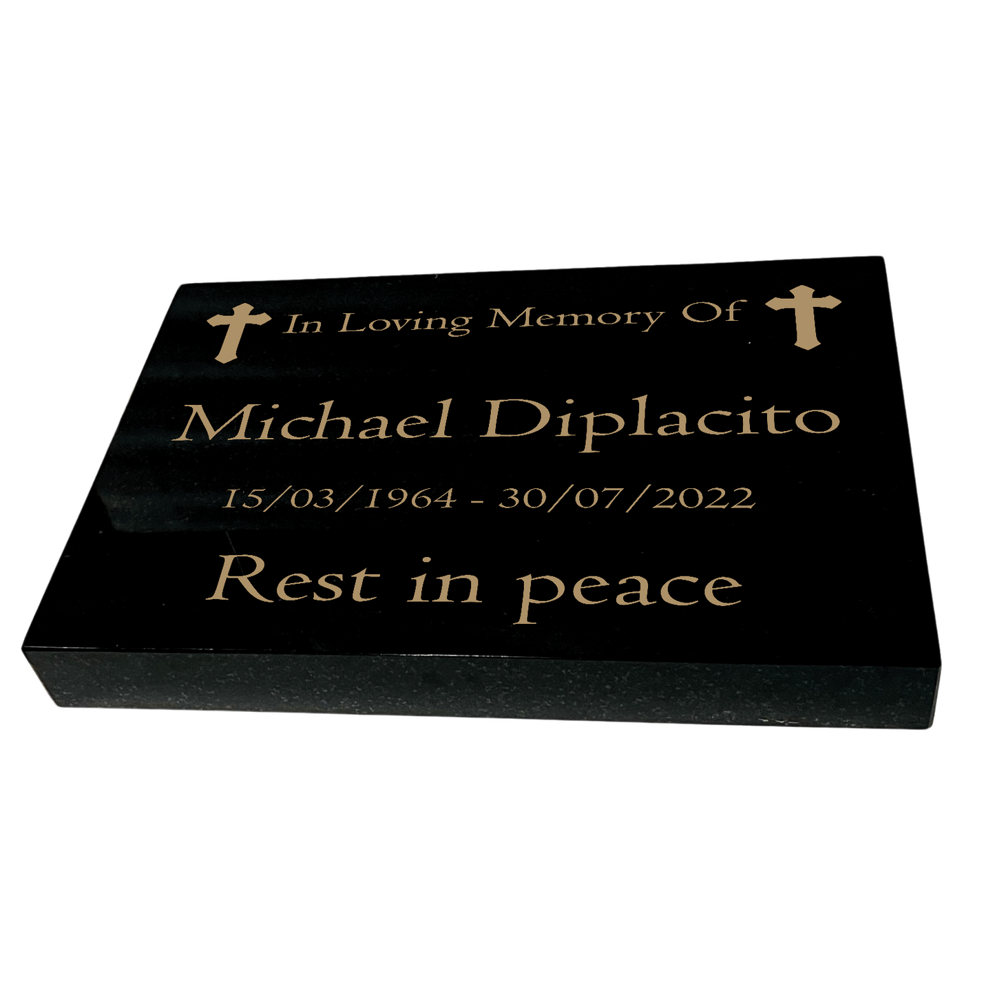 Granite Memorial Tablet with Cross Design, Free Personalised Gold Engraving, Polished Black Granite
