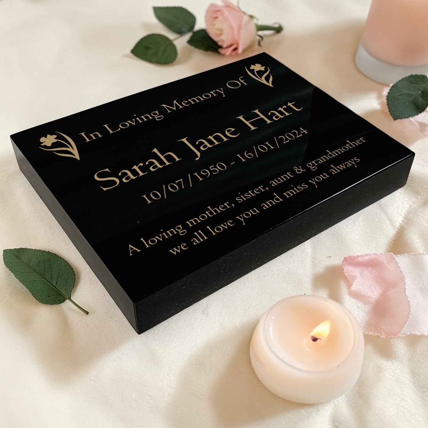 Granite Memorial Tablet with Daffodil Design, Free Personalised Gold Engraving, Polished Black Granite