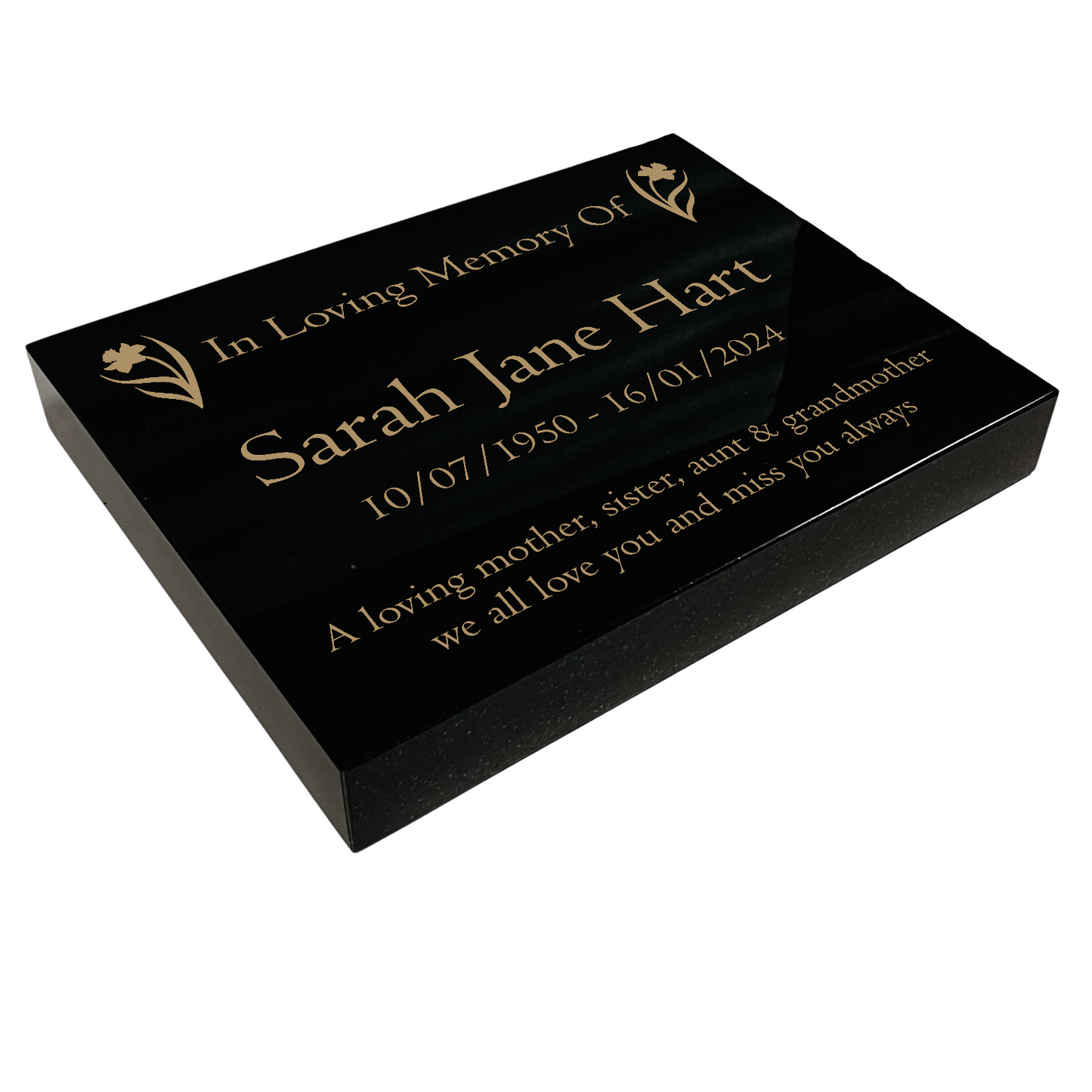 Granite Memorial Tablet with Daffodil Design, Free Personalised Gold Engraving, Polished Black Granite