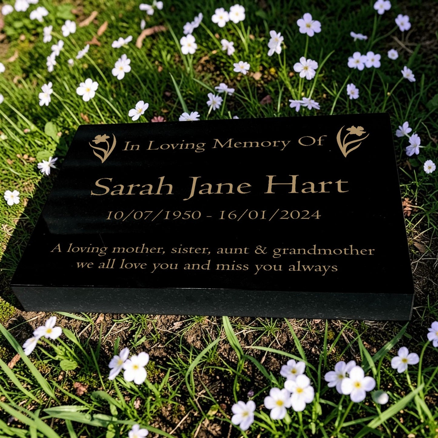 Granite Memorial Tablet with Daffodil Design, Free Personalised Gold Engraving, Polished Black Granite