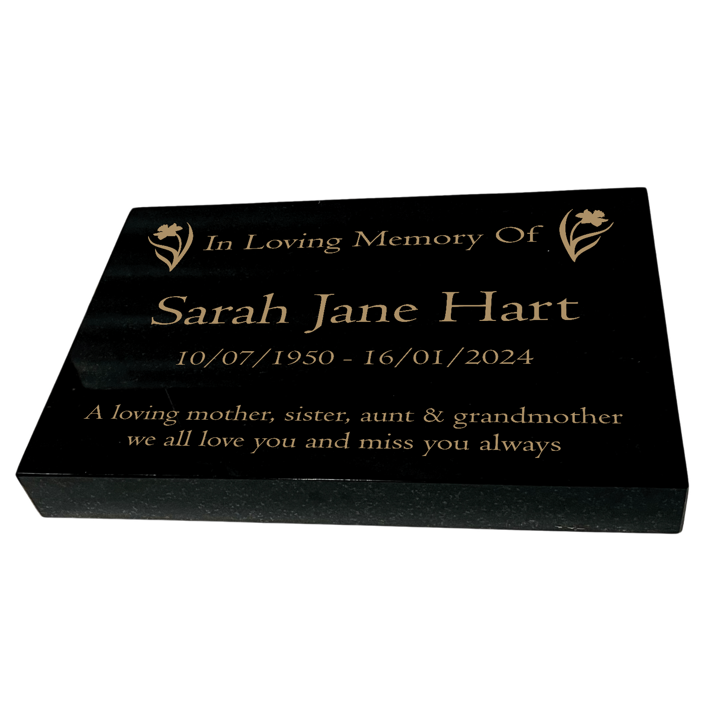 Granite Memorial Tablet with Daffodil Design, Free Personalised Gold Engraving, Polished Black Granite