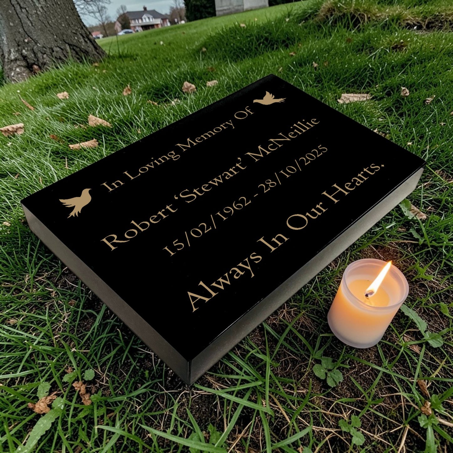 Granite Memorial Tablet with Dove Design, Free Personalised Gold Engraving, Polished Black Granite