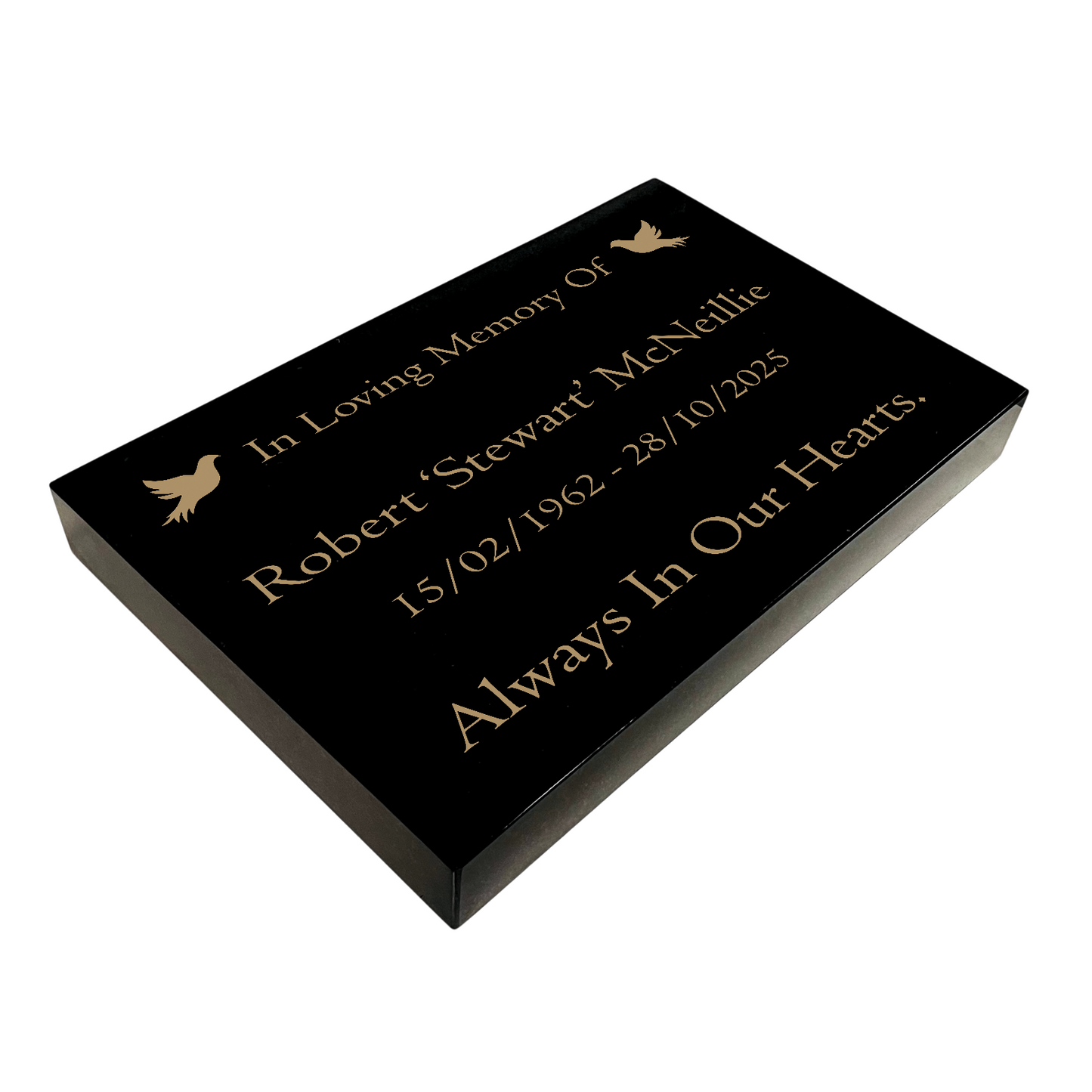 Granite Memorial Tablet with Dove Design, Free Personalised Gold Engraving, Polished Black Granite