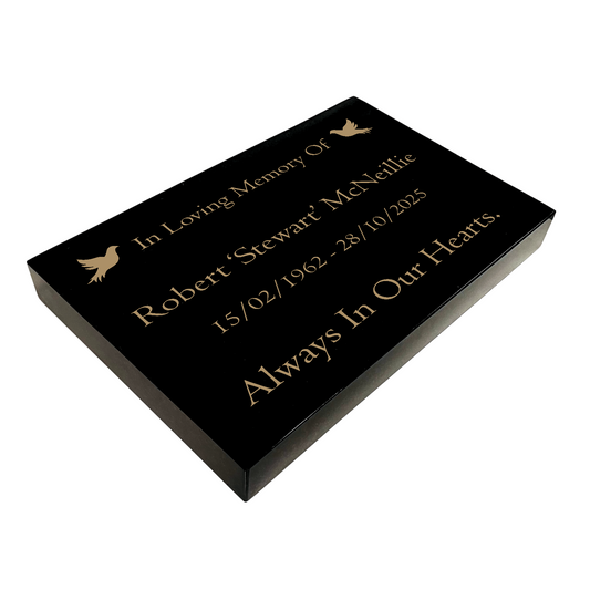 Granite Memorial Tablet with Dove Design, Free Personalised Gold Engraving, Polished Black Granite