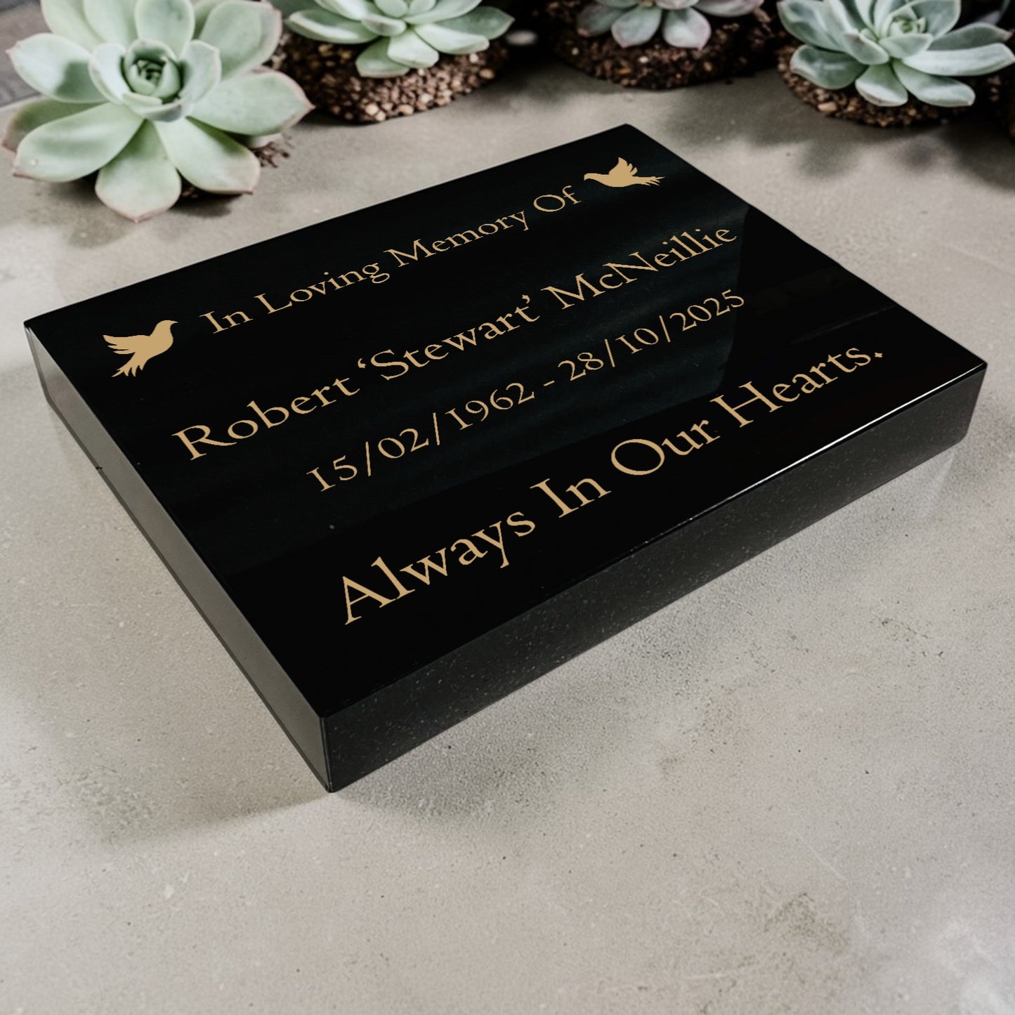 Granite Memorial Tablet with Dove Design, Free Personalised Gold Engraving, Polished Black Granite