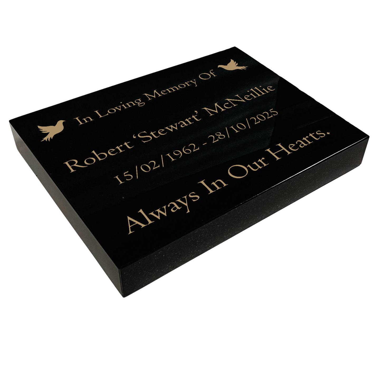 Granite Memorial Tablet with Dove Design, Free Personalised Gold Engraving, Polished Black Granite