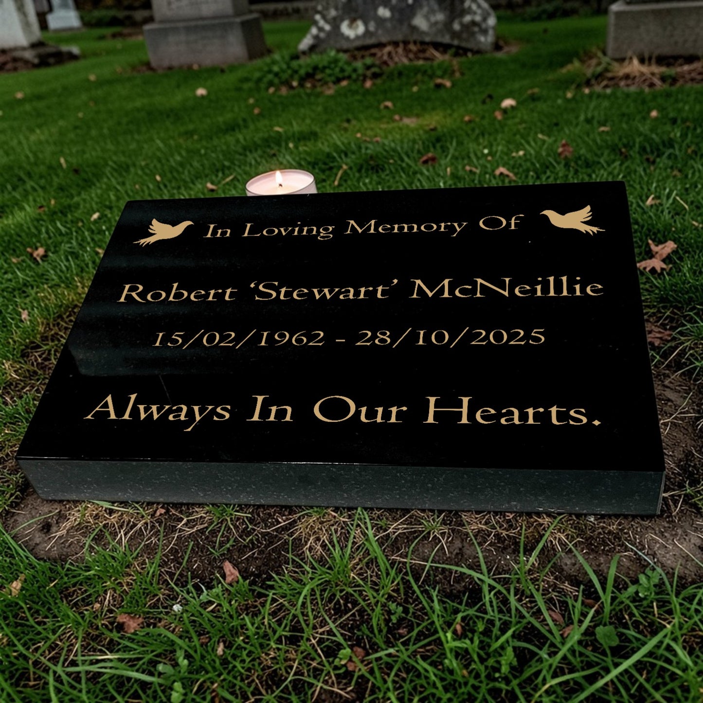 Granite Memorial Tablet with Dove Design, Free Personalised Gold Engraving, Polished Black Granite