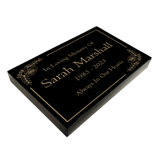 Granite Memorial Tablet with Floral Design, Free Personalised Gold Engraving, Polished Black Granite