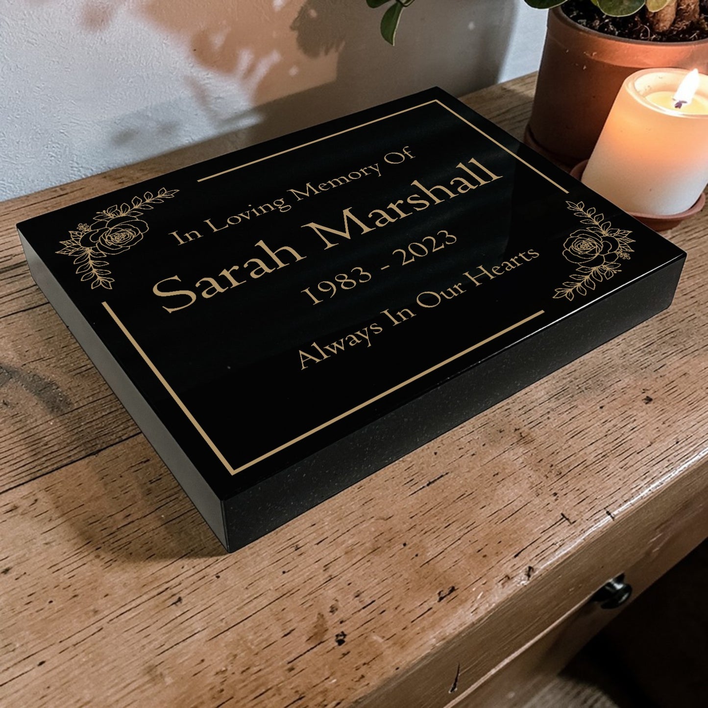 Granite Memorial Tablet with Floral Design, Free Personalised Gold Engraving, Polished Black Granite