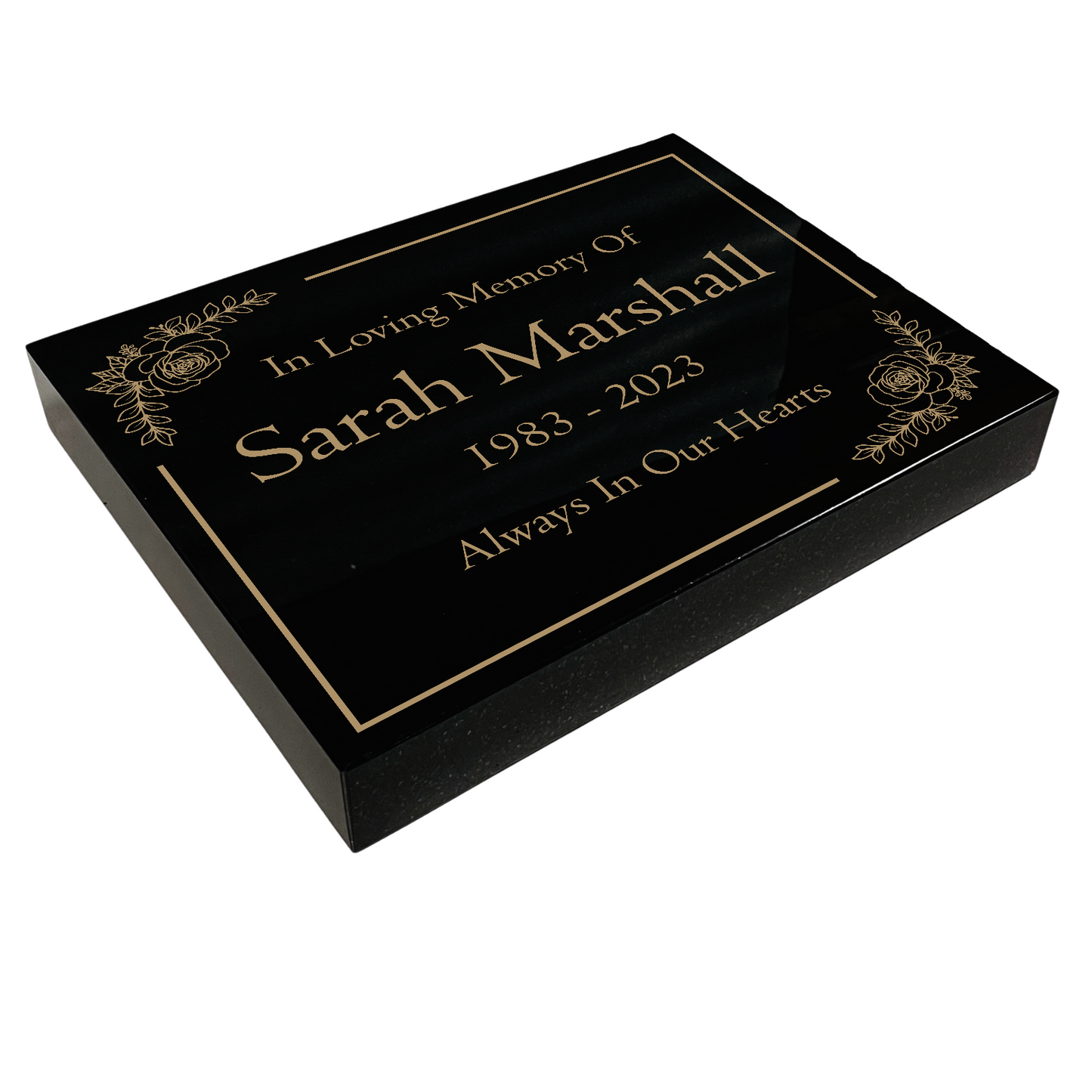 Granite Memorial Tablet with Floral Design, Free Personalised Gold Engraving, Polished Black Granite