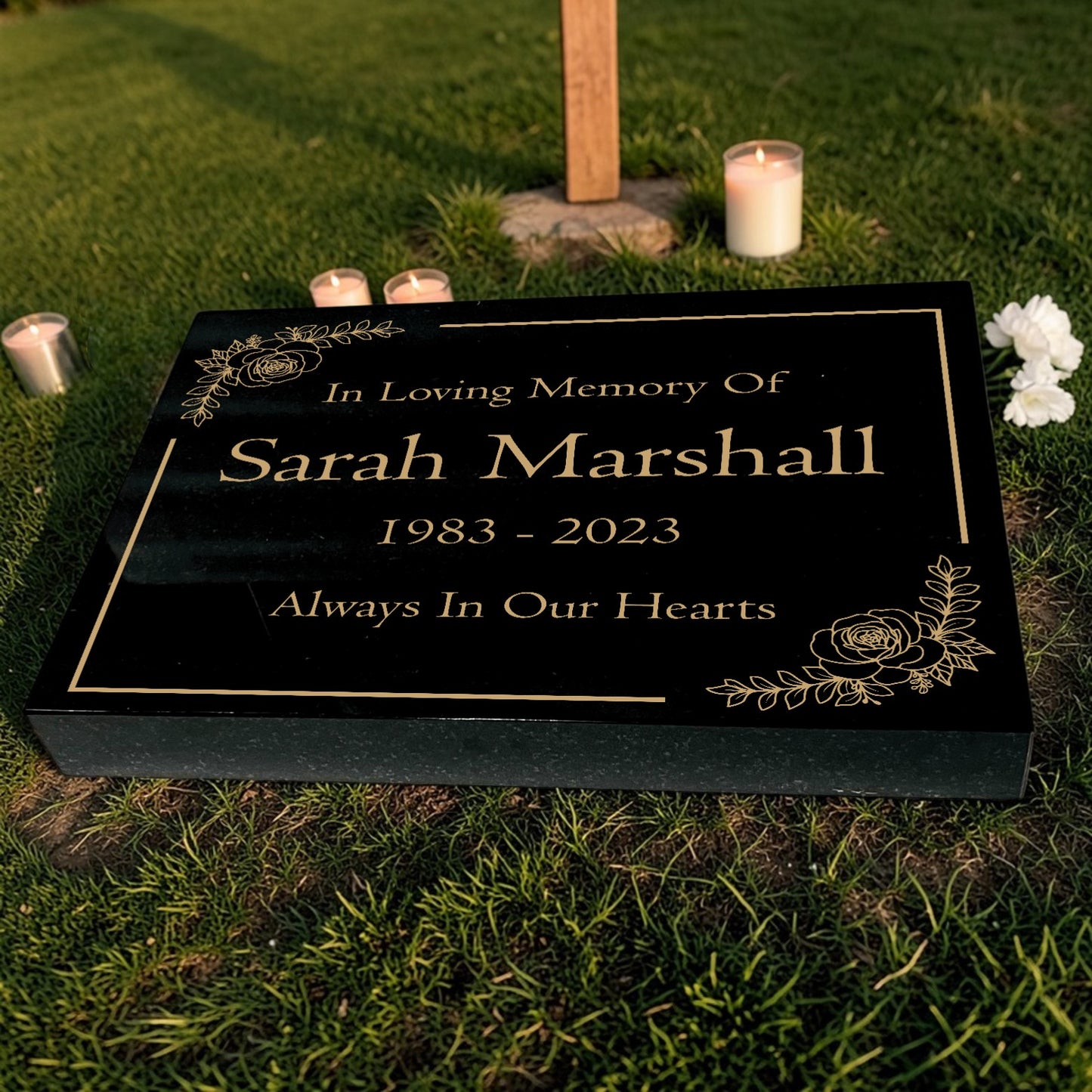Granite Memorial Tablet with Floral Design, Free Personalised Gold Engraving, Polished Black Granite