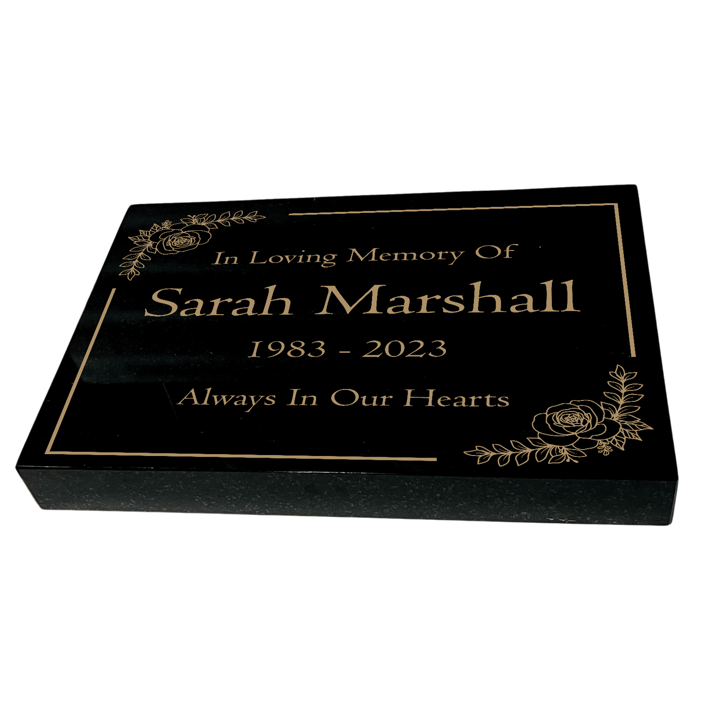 Granite Memorial Tablet with Floral Design, Free Personalised Gold Engraving, Polished Black Granite