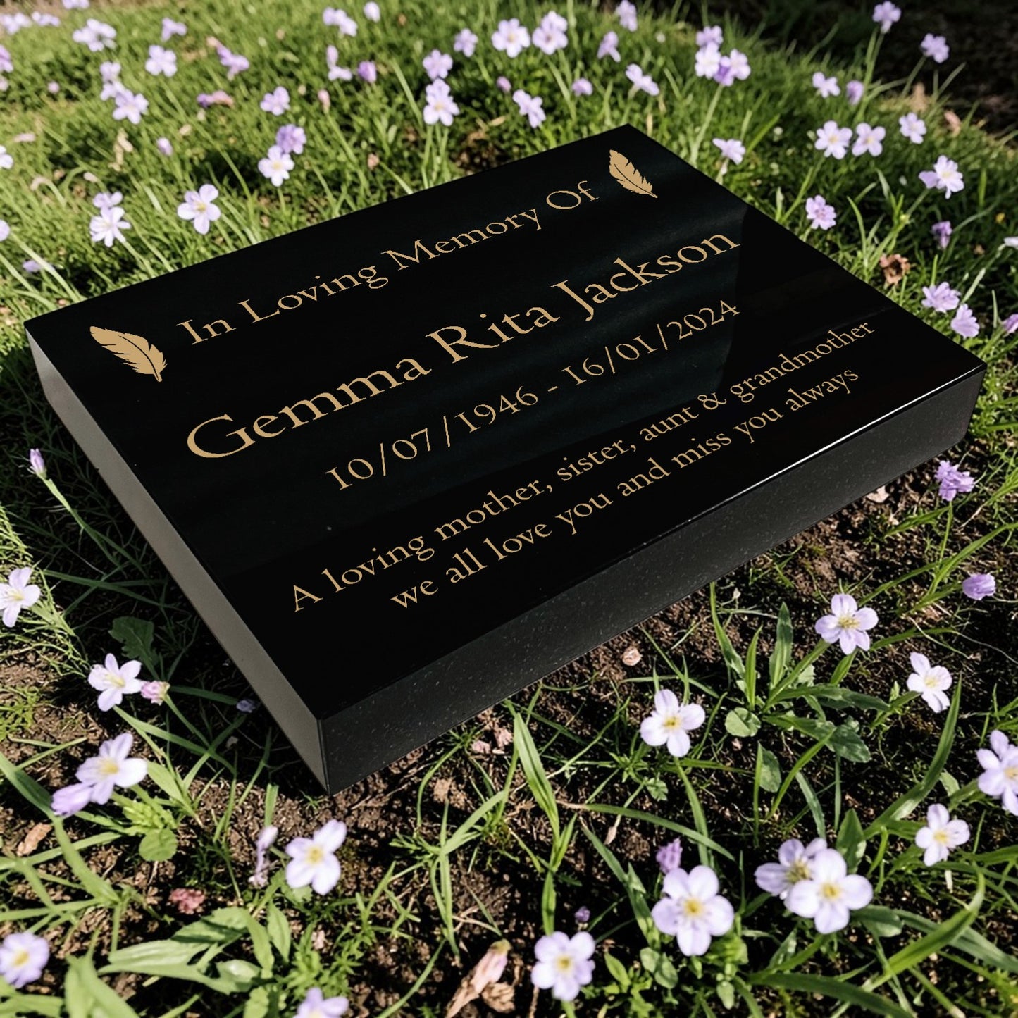 Granite Memorial Tablet with Feather Design, Free Personalised Gold Engraving, Polished Black Granite