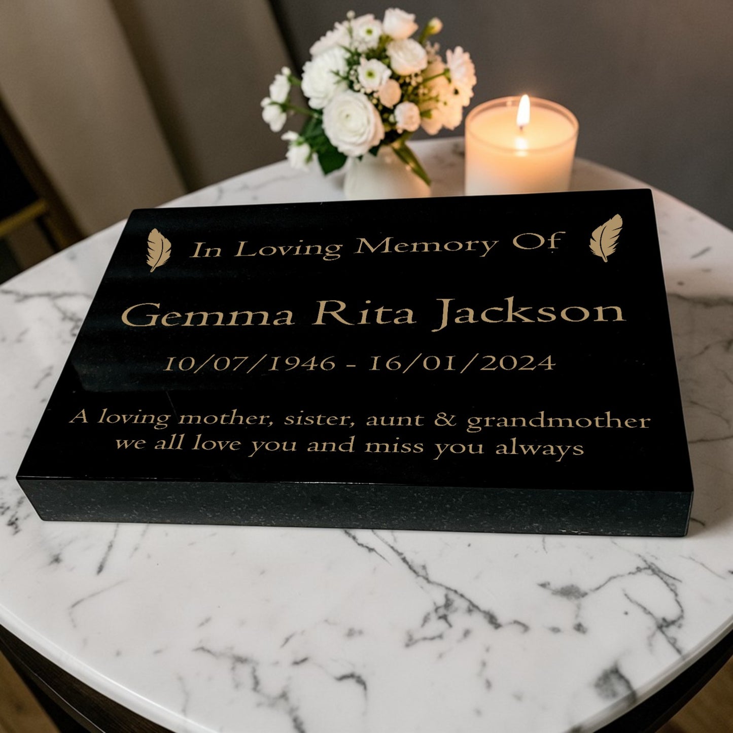 Granite Memorial Tablet with Feather Design, Free Personalised Gold Engraving, Polished Black Granite