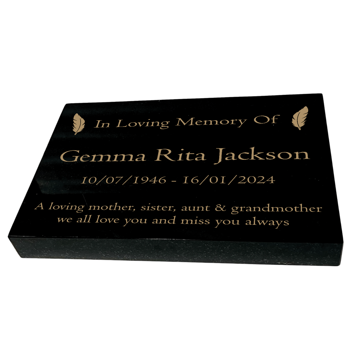 Granite Memorial Tablet with Feather Design, Free Personalised Gold Engraving, Polished Black Granite