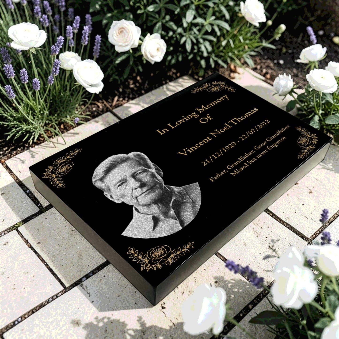 Granite Memorial Tablet with Floral Border, Engraved Photo, Free Personalised Gold Engraving, Polished Black Granite