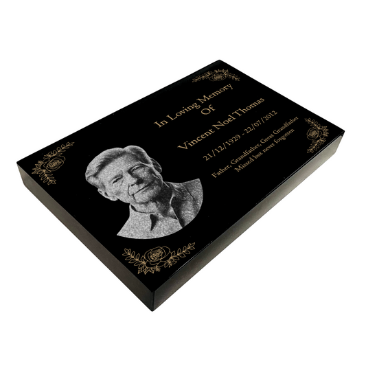 Granite Memorial Tablet with Floral Border, Engraved Photo, Free Personalised Gold Engraving, Polished Black Granite
