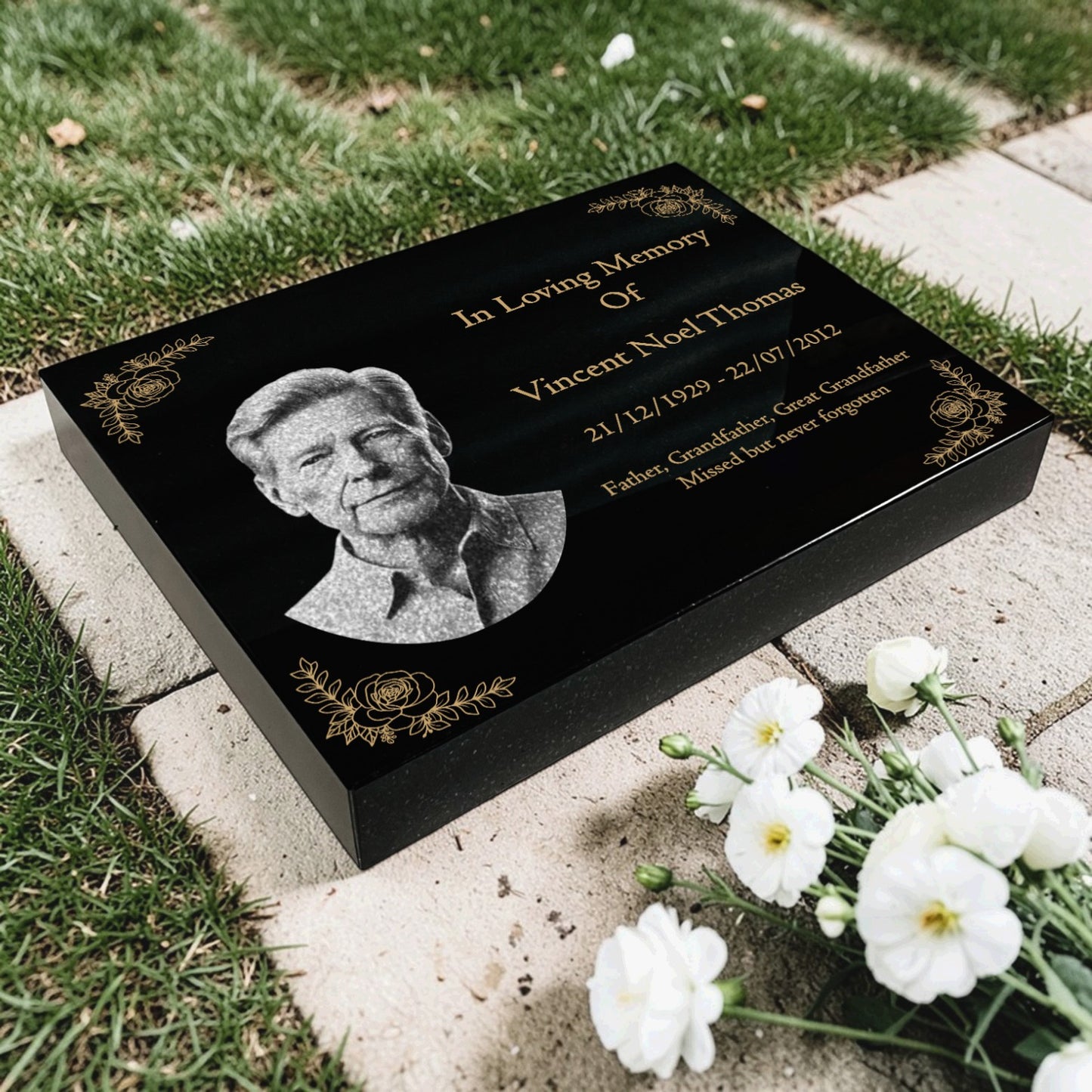 Granite Memorial Tablet with Floral Border, Engraved Photo, Free Personalised Gold Engraving, Polished Black Granite