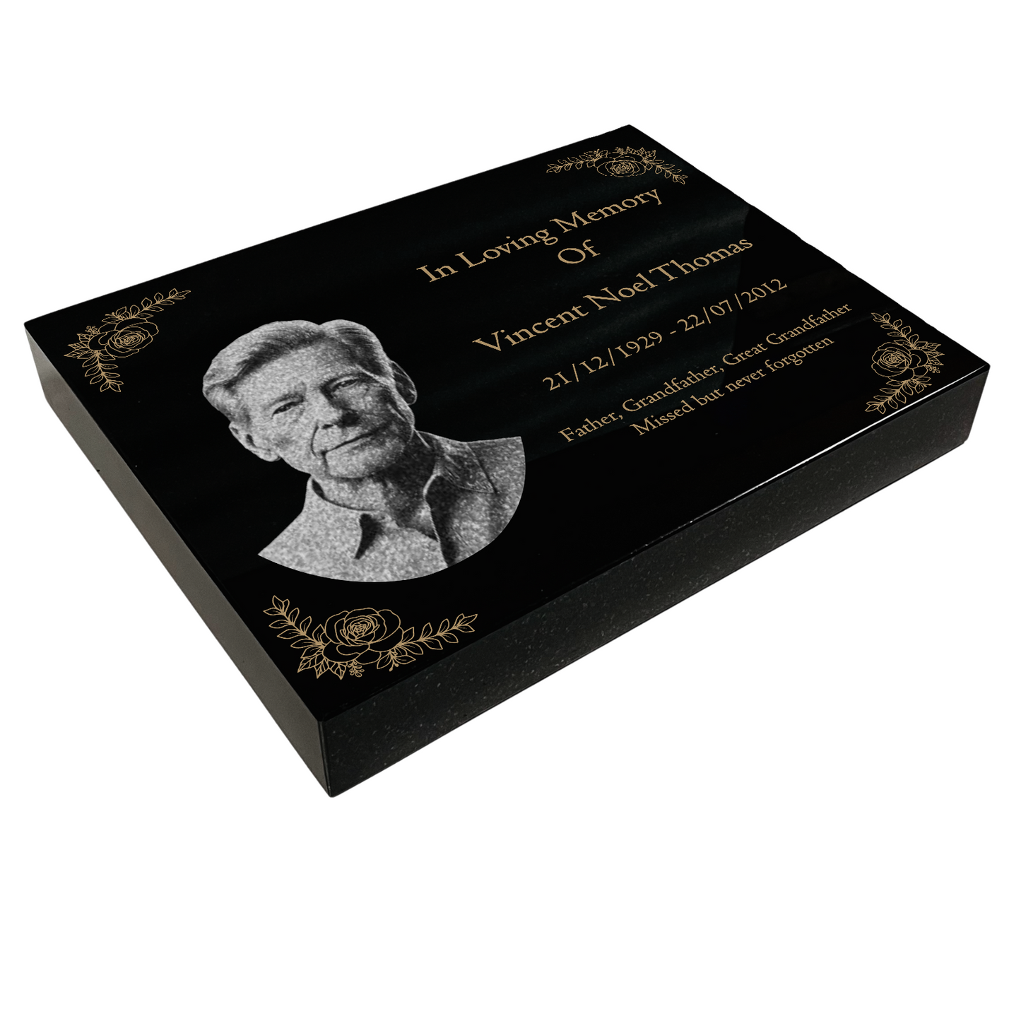 Granite Memorial Tablet with Floral Border, Engraved Photo, Free Personalised Gold Engraving, Polished Black Granite
