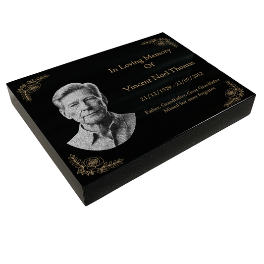 Granite Memorial Tablet with Floral Border, Engraved Photo, Free Personalised Gold Engraving, Polished Black Granite
