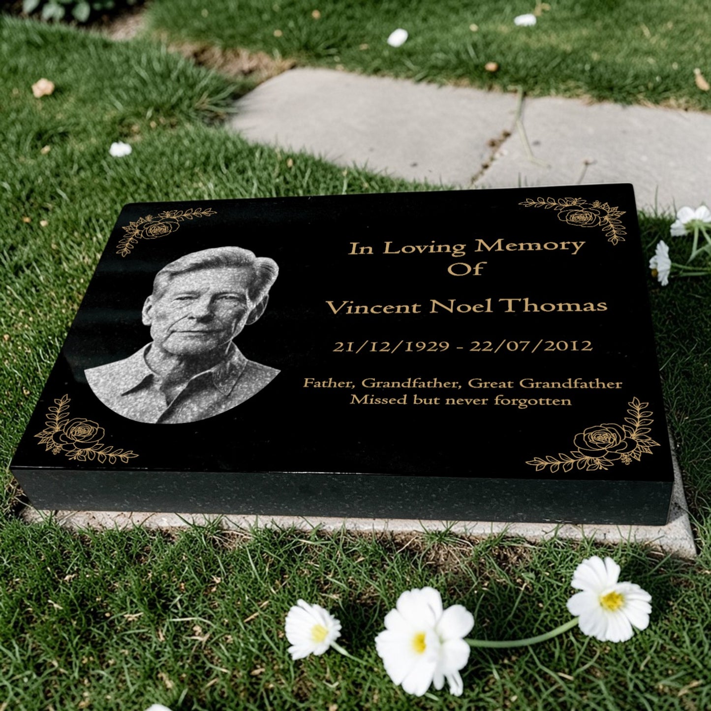 Granite Memorial Tablet with Floral Border, Engraved Photo, Free Personalised Gold Engraving, Polished Black Granite