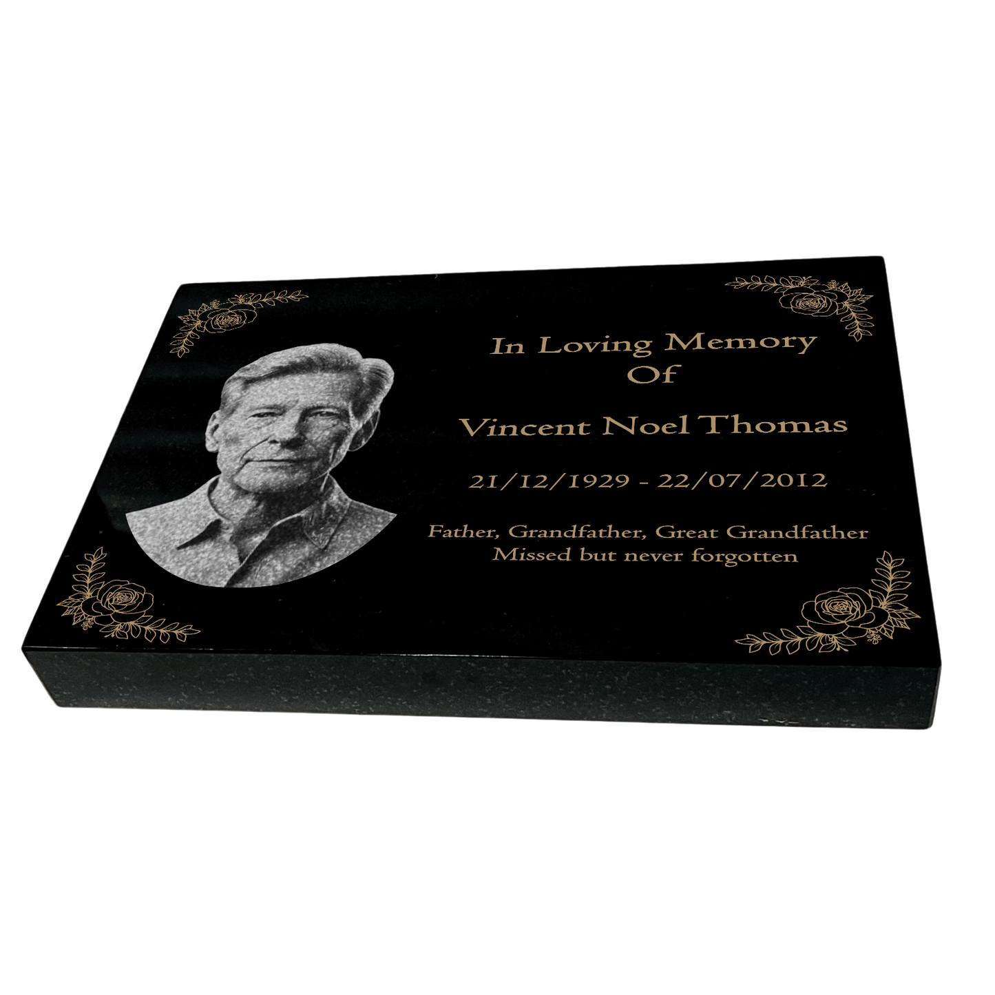 Granite Memorial Tablet with Floral Border, Engraved Photo, Free Personalised Gold Engraving, Polished Black Granite