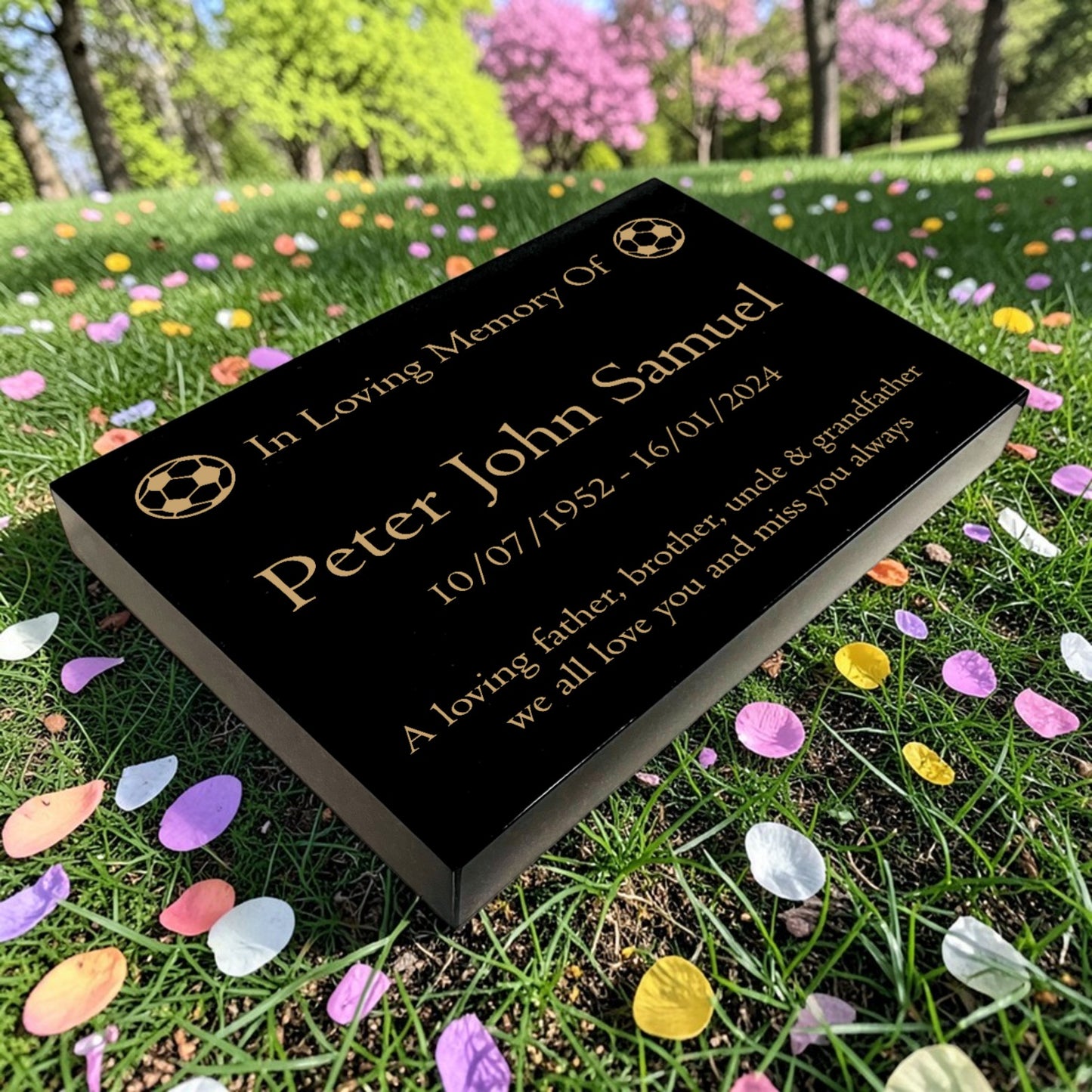 Granite Memorial Tablet with Football Design, Free Personalised Gold Engraving, Polished Black Granite