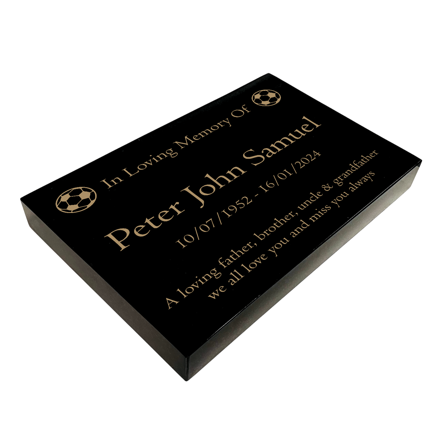 Granite Memorial Tablet with Football Design, Free Personalised Gold Engraving, Polished Black Granite