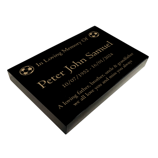 Granite Memorial Tablet with Football Design, Free Personalised Gold Engraving, Polished Black Granite