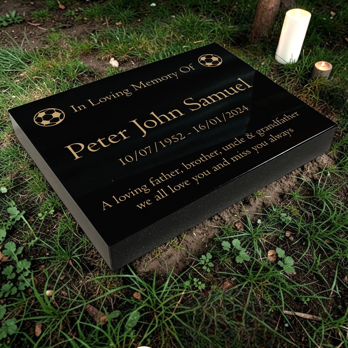 Granite Memorial Tablet with Football Design, Free Personalised Gold Engraving, Polished Black Granite