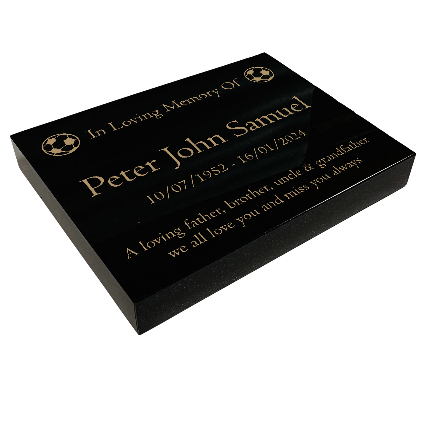 Granite Memorial Tablet with Football Design, Free Personalised Gold Engraving, Polished Black Granite