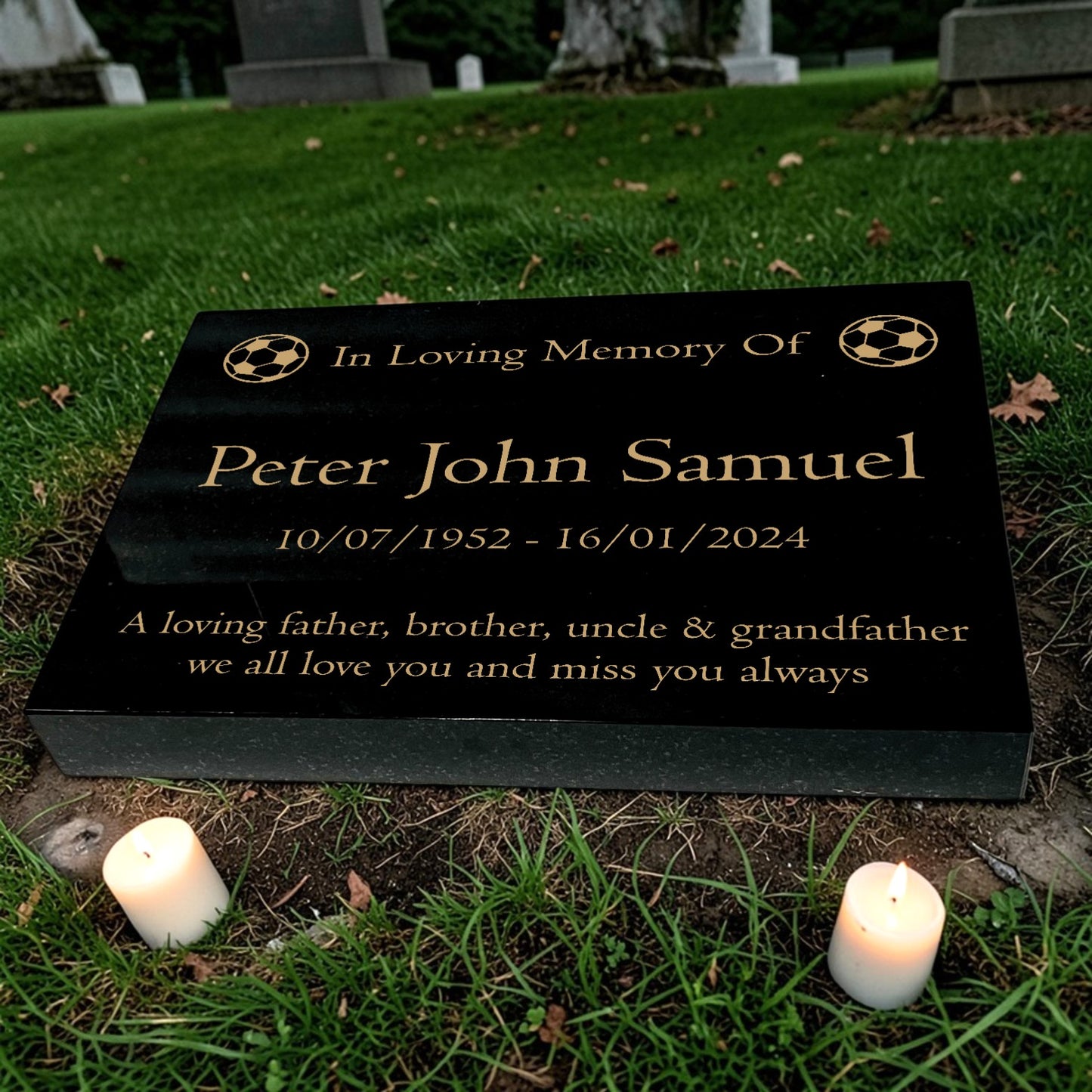 Granite Memorial Tablet with Football Design, Free Personalised Gold Engraving, Polished Black Granite