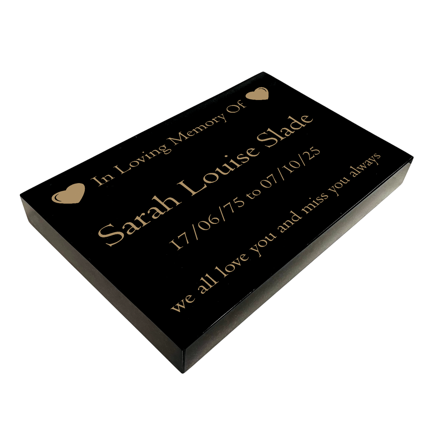 Granite Memorial Tablet with Heart Design, Free Personalised Gold Engraving, Polished Black Granite