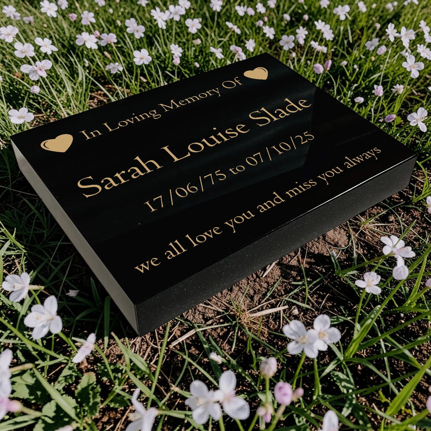 Granite Memorial Tablet with Heart Design, Free Personalised Gold Engraving, Polished Black Granite
