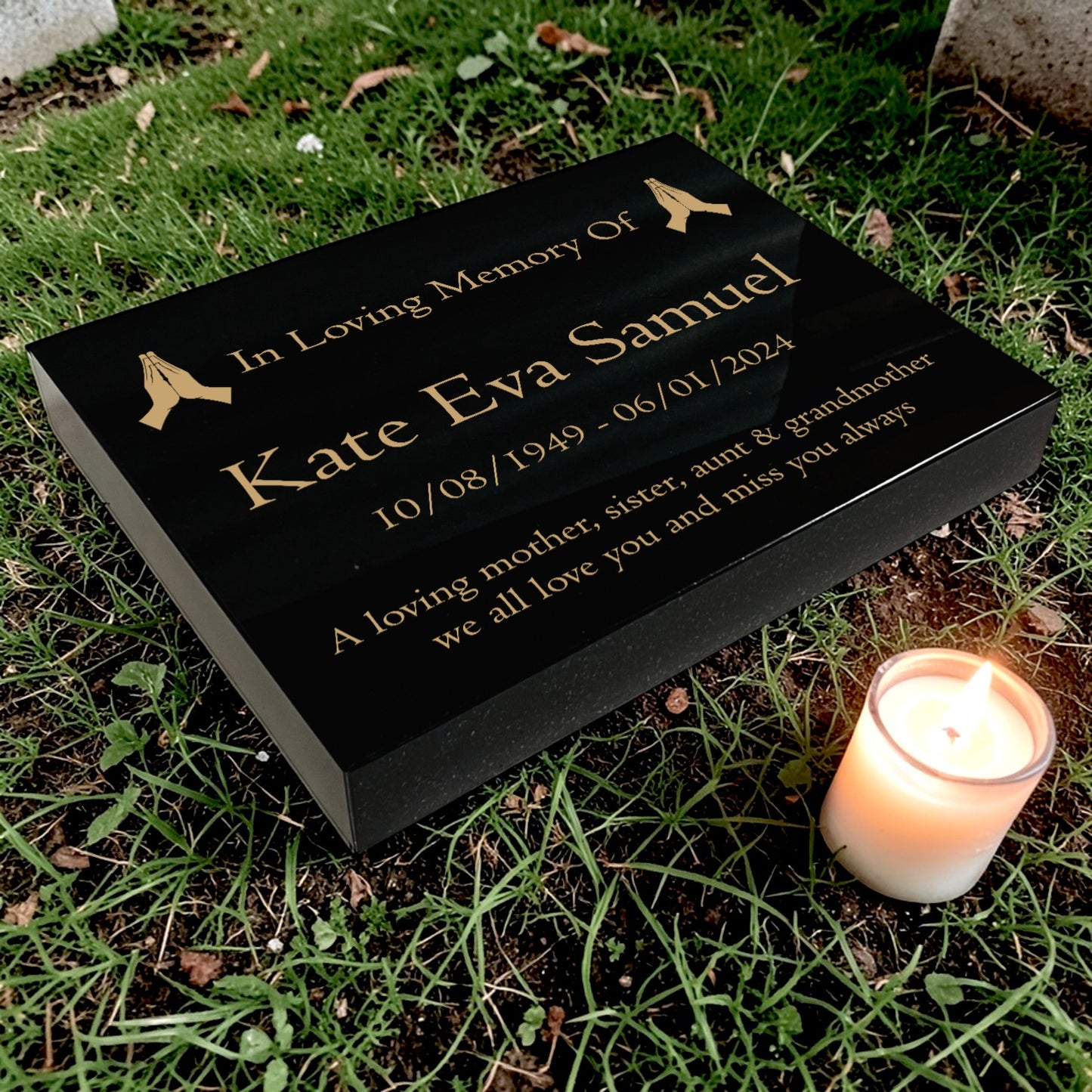 Granite Memorial Tablet with Praying Hands Design, Free Personalised Gold Engraving, Polished Black Granite