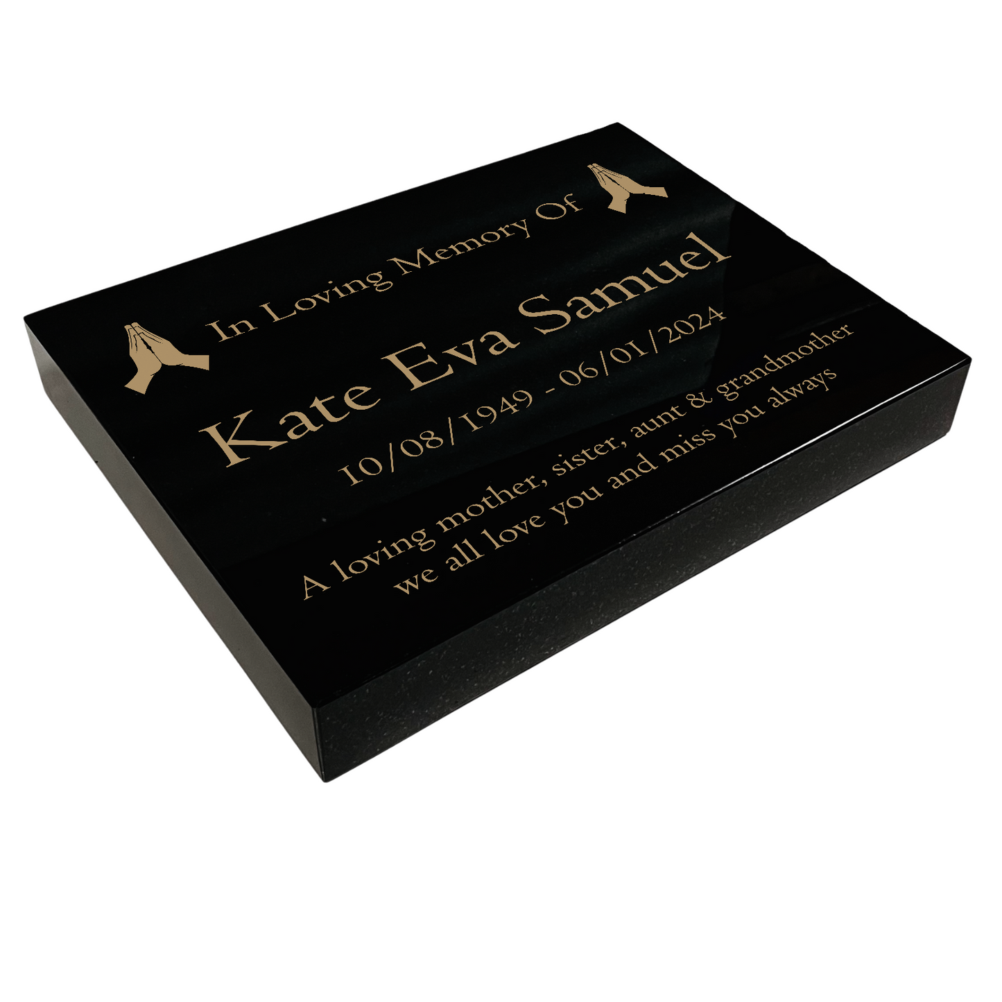 Granite Memorial Tablet with Praying Hands Design, Free Personalised Gold Engraving, Polished Black Granite