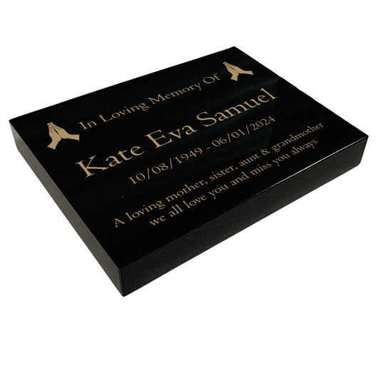 Granite Memorial Tablet with Praying Hands Design, Free Personalised Gold Engraving, Polished Black Granite