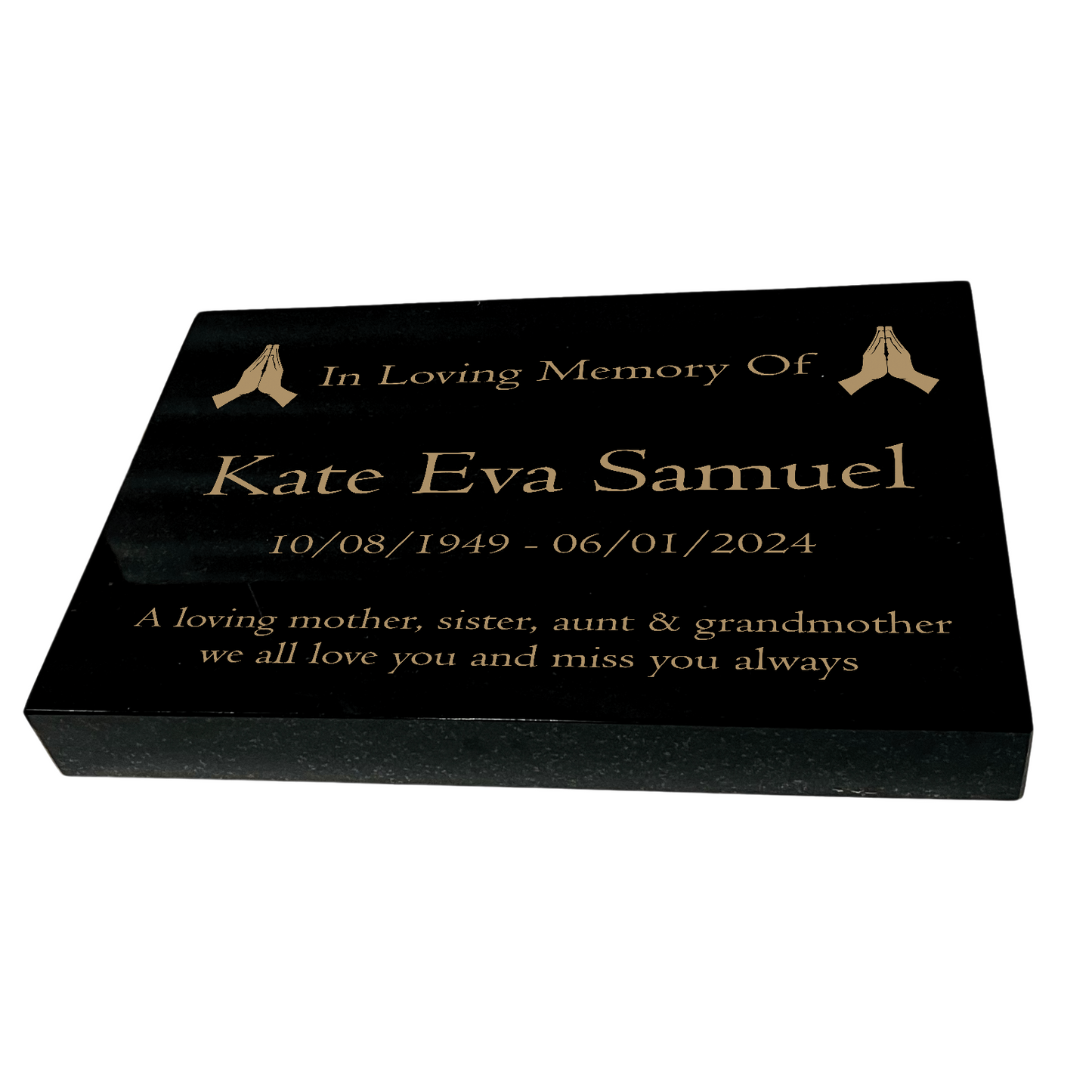 Granite Memorial Tablet with Praying Hands Design, Free Personalised Gold Engraving, Polished Black Granite