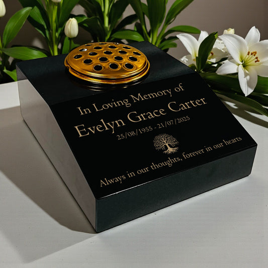 Black Granite Sloping Memorial Desk with Vase – Tree of Life, Free Gold Engraving, 12x10x4"