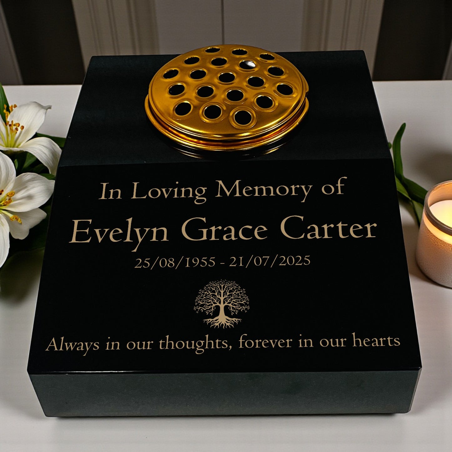 Black Granite Sloping Memorial Desk with Vase – Tree of Life, Free Gold Engraving, 12x10x4"