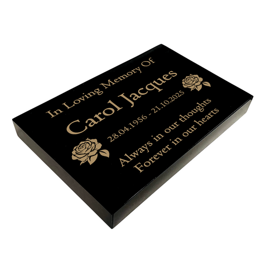 Granite Memorial Tablet with Rose Design, Free Personalised Gold Engraving, Polished Black Granite