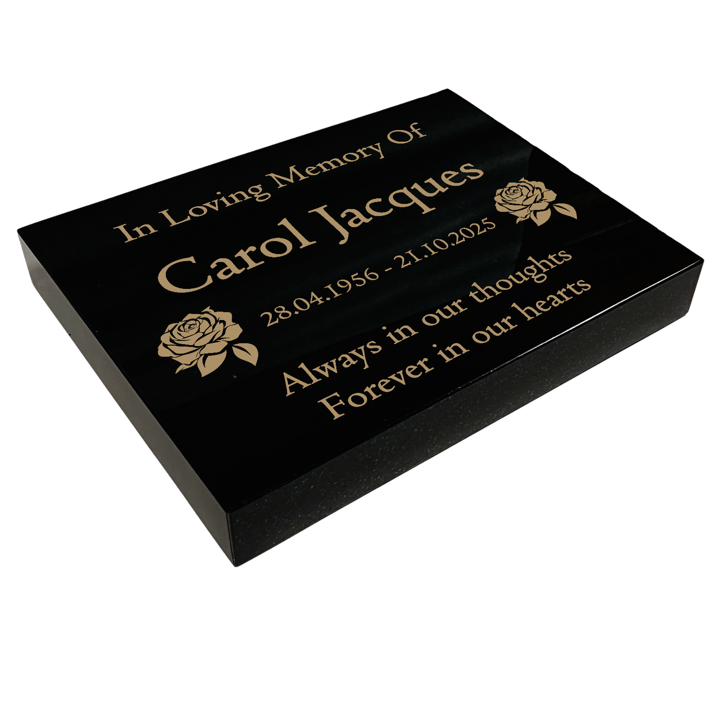 Granite Memorial Tablet with Rose Design, Free Personalised Gold Engraving, Polished Black Granite