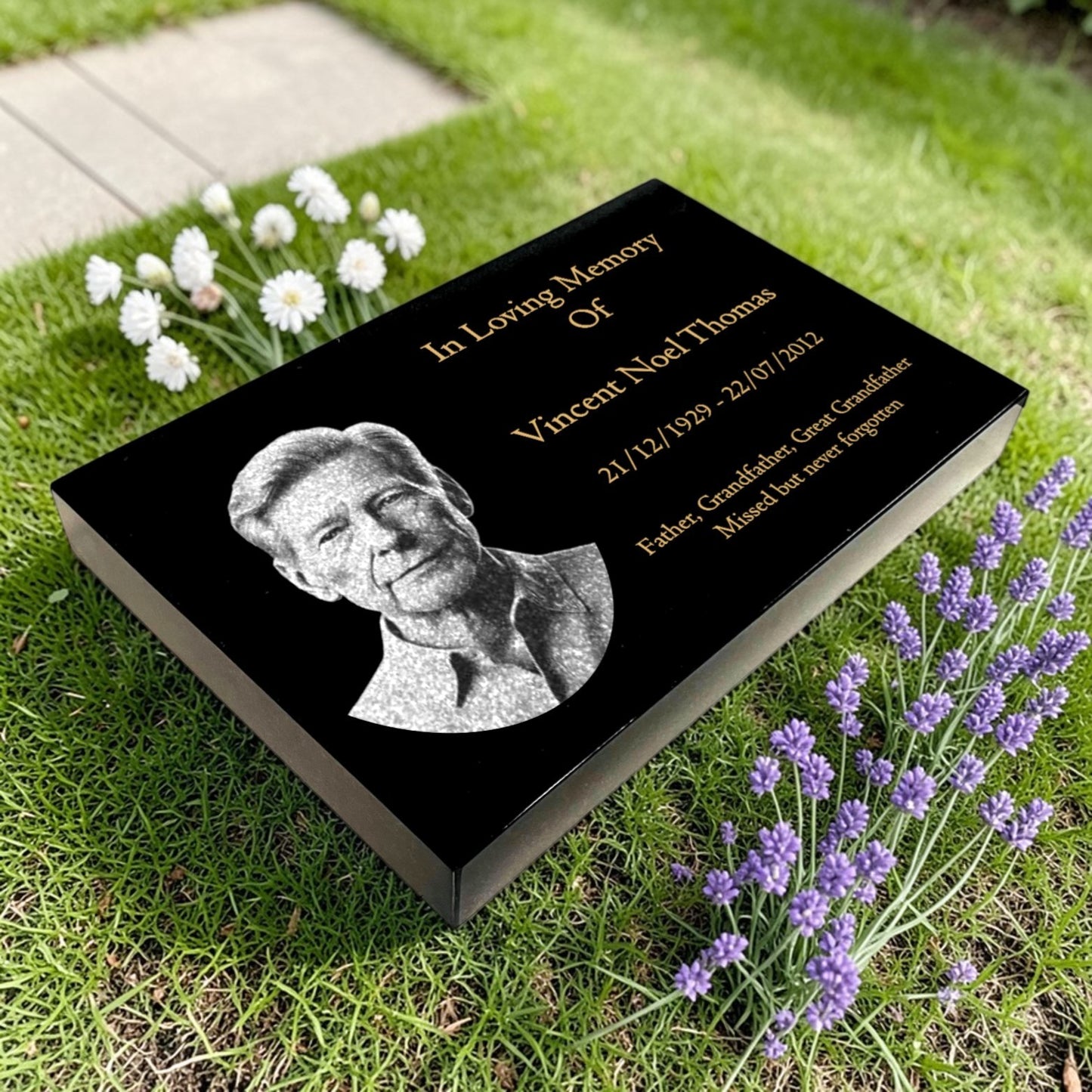 Granite Memorial Tablet, Engraved Photo, Free Personalised Gold Engraving, Polished Black Granite