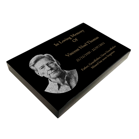Granite Memorial Tablet, Engraved Photo, Free Personalised Gold Engraving, Polished Black Granite