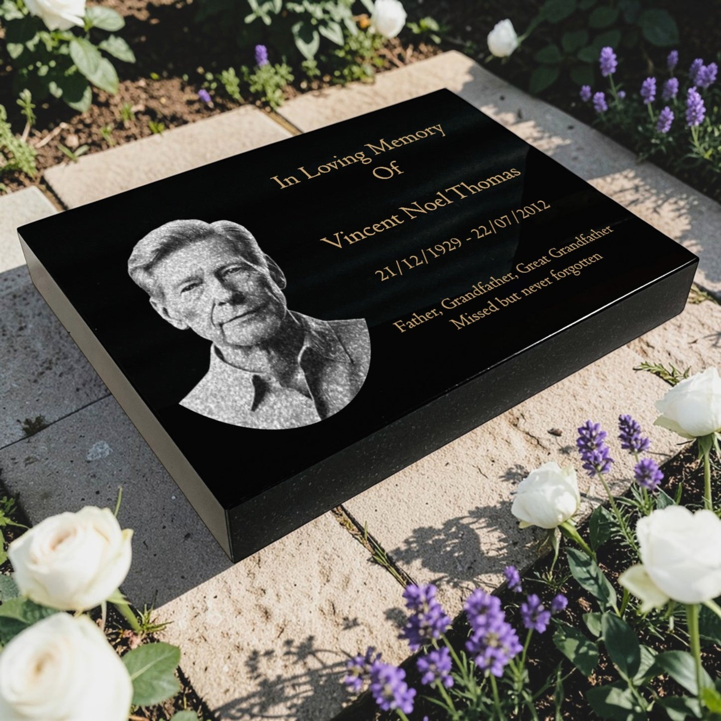 Granite Memorial Tablet, Engraved Photo, Free Personalised Gold Engraving, Polished Black Granite