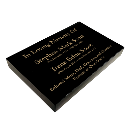 Granite Memorial Tablet for Two Names, Free Personalised Gold Engraving, Polished Black Granite