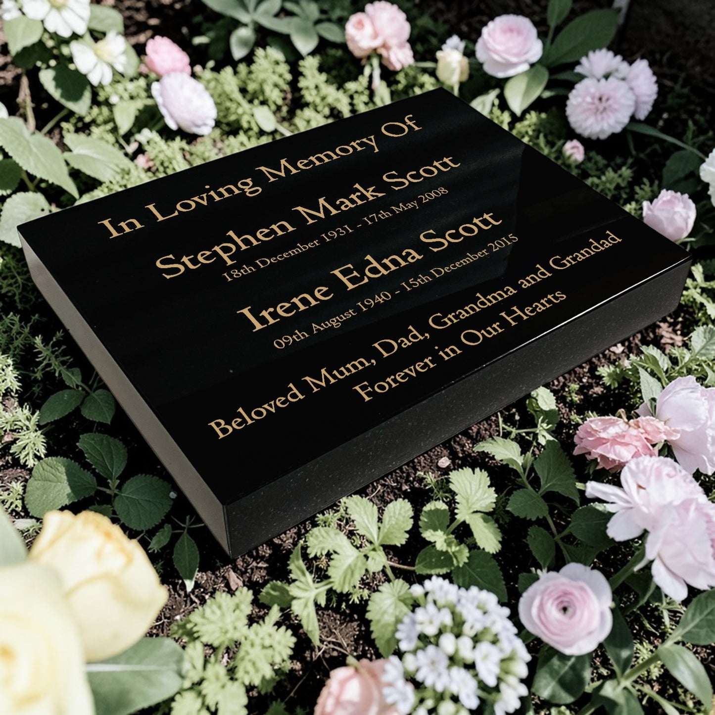 Granite Memorial Tablet for Two Names, Free Personalised Gold Engraving, Polished Black Granite