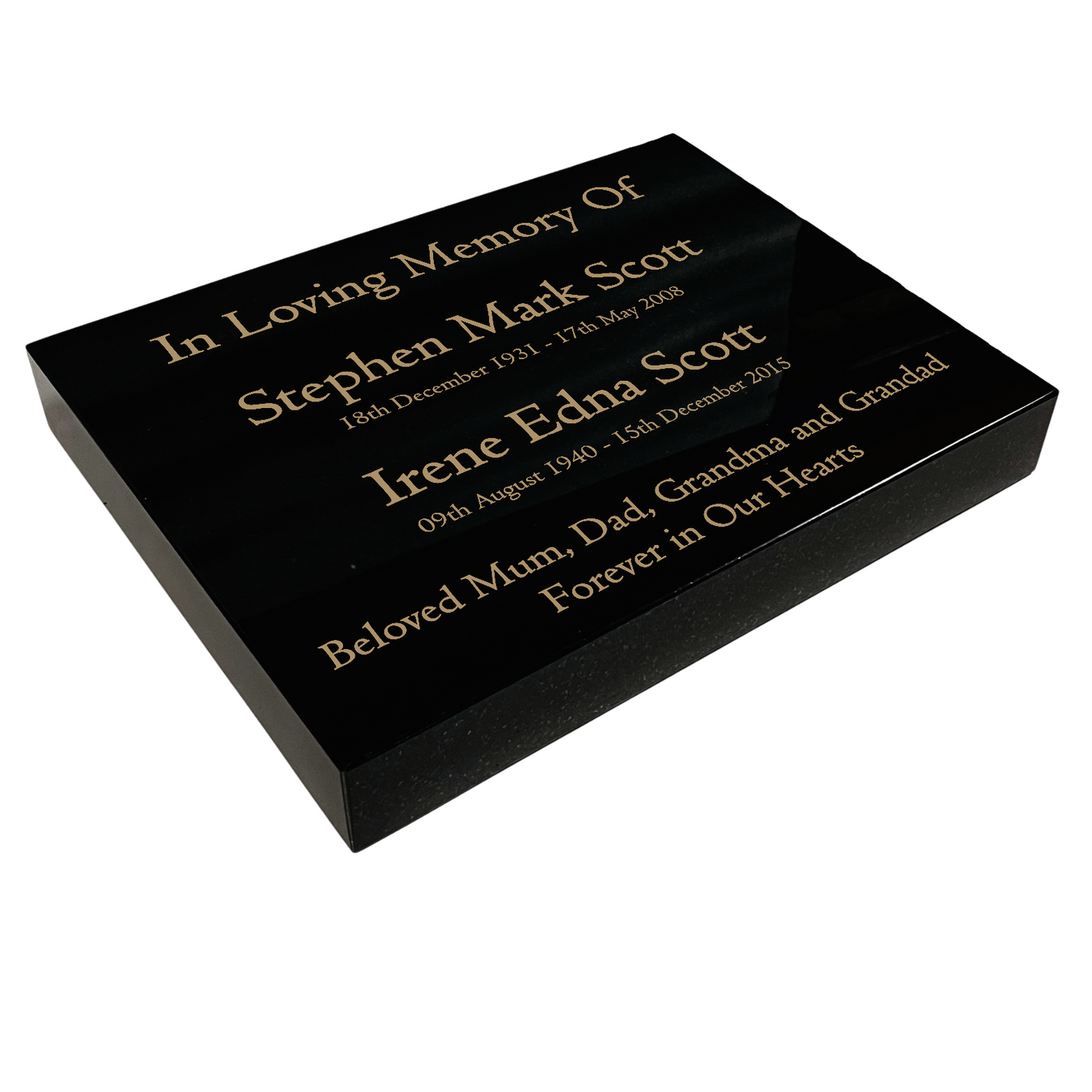 Granite Memorial Tablet for Two Names, Free Personalised Gold Engraving, Polished Black Granite