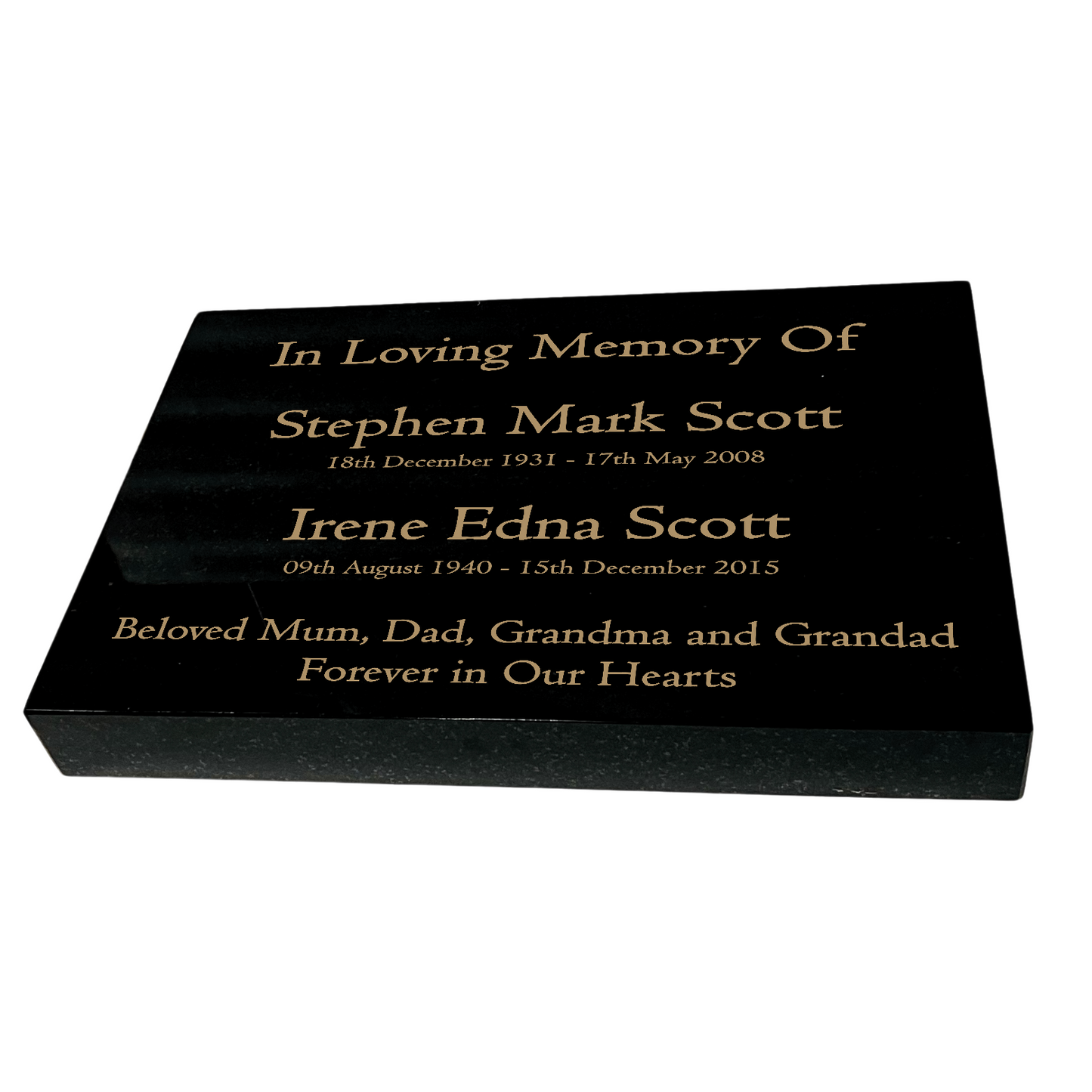 Granite Memorial Tablet for Two Names, Free Personalised Gold Engraving, Polished Black Granite
