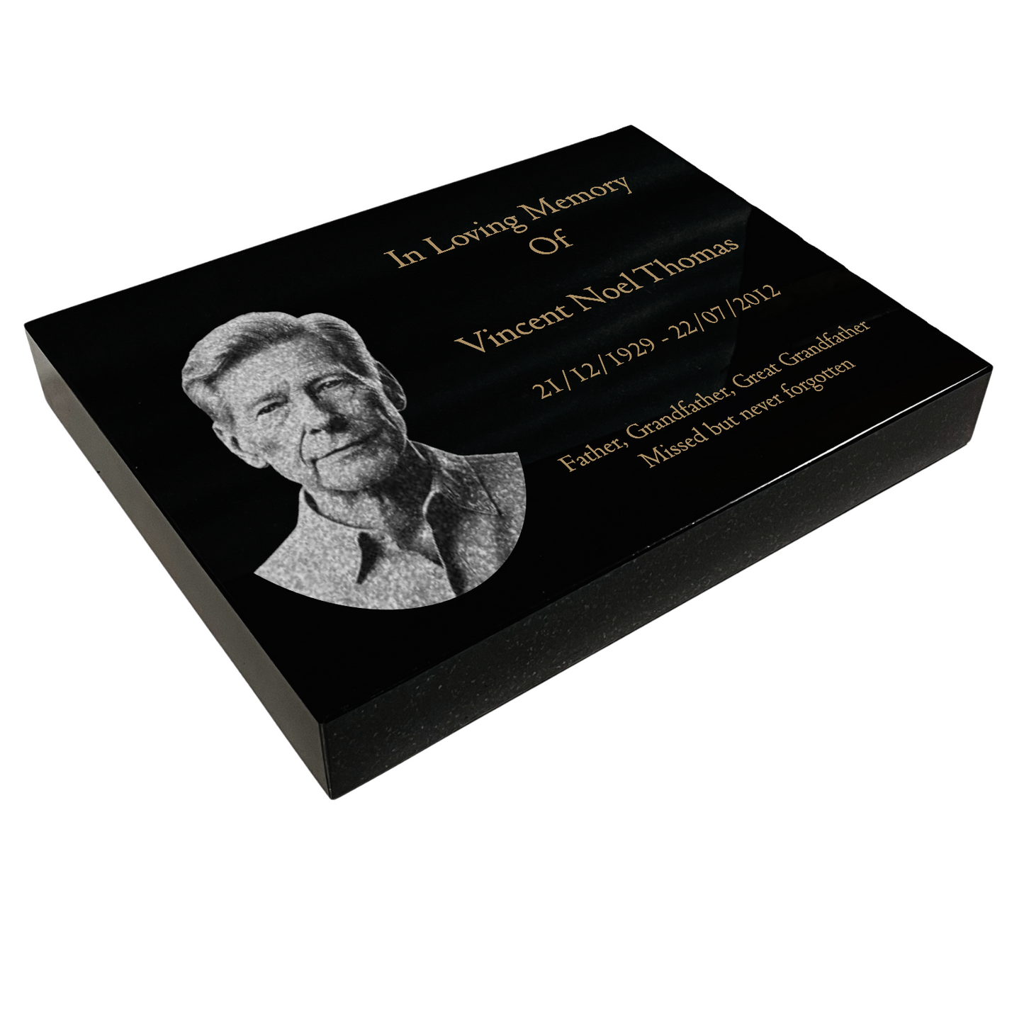 Granite Memorial Tablet, Engraved Photo, Free Personalised Gold Engraving, Polished Black Granite